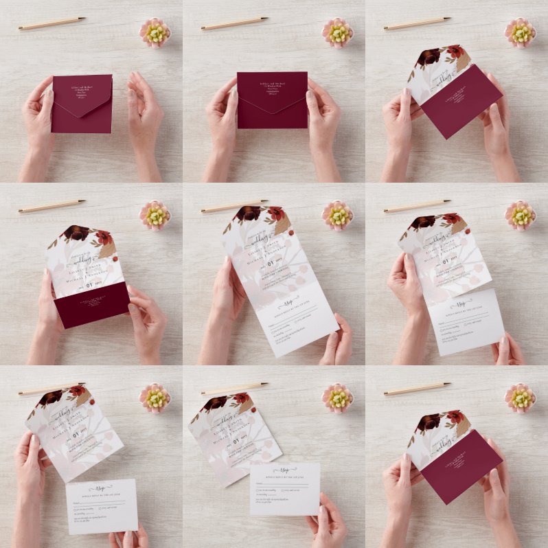 秋フローラ結婚ズスイートテラコッタブルガンディレッド オールインワン招待状