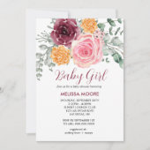 秋フローラ赤面ピンクバーガンディ女の子の赤ちゃんシャワー 招待状 (正面)