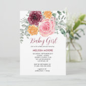 秋フローラ赤面ピンクバーガンディ女の子の赤ちゃんシャワー 招待状 (スタンド正面)