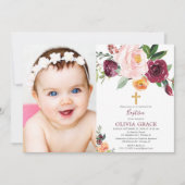 秋フローラ赤面ピンクブルゴーニュバプテスマ写真 招待状 (正面)