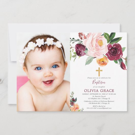 秋フローラ赤面ピンクブルゴーニュバプテスマ写真 招待状 (正面)