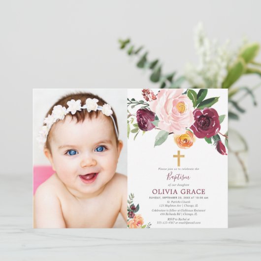 秋フローラ赤面ピンクブルゴーニュバプテスマ写真 招待状 (スタンド正面)