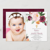 秋フローラ赤面ピンクブルゴーニュバプテスマ写真 招待状 (正面/裏面)