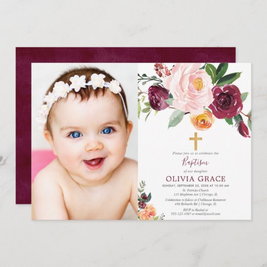 秋フローラ赤面ピンクブルゴーニュバプテスマ写真 招待状 (正面/裏面)