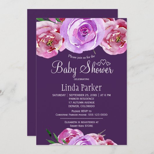 秋フローラ赤面ピンク紫の梅の赤ちゃんシャワー 招待状 (正面/裏面)