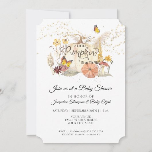 秋フローラ金ゴールドホワイトパンプキンセージ赤ちゃんシャワー 招待状 (正面)