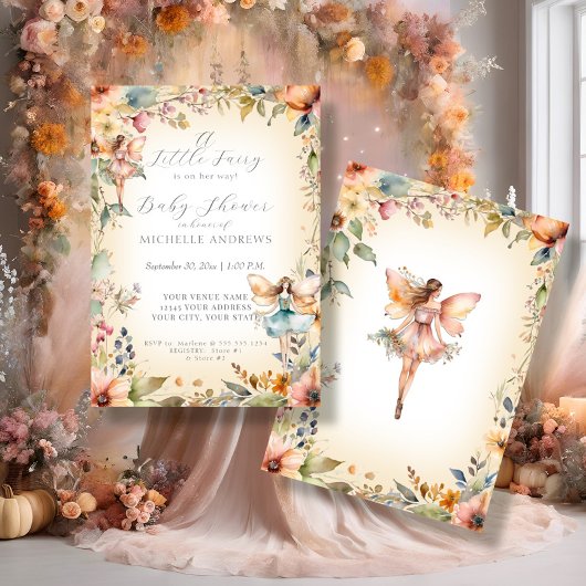 秋フローラ魅力妖精のセージ女の子ベビーシャワー 招待状