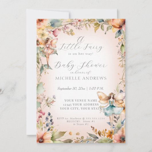 秋フローラ魅力妖精ピンクの女の子ベビーシャワー 招待状 (正面)