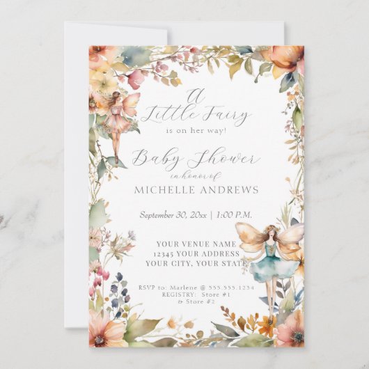 秋フローラ魅惑フェアリーデイジーガールベビーシャワー 招待状 (正面)