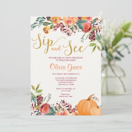 秋フローラsipと参照してください会って赤ちゃんシャワー 招待状 (スタンド正面)