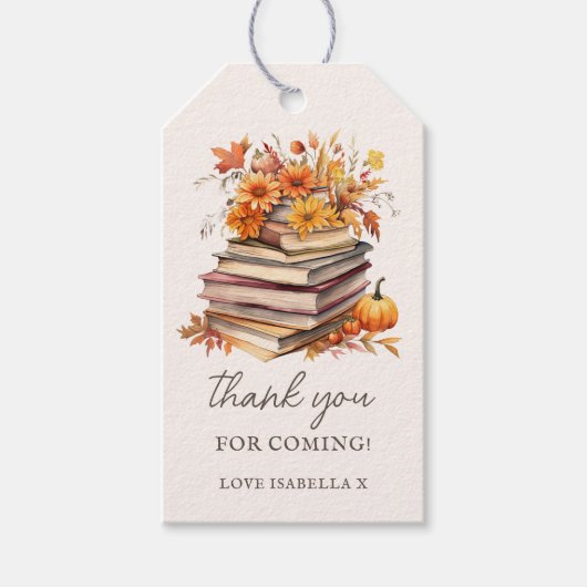 秋ブックをテーマにした | 赤ちゃんシャワーありがとう ギフトタグ (正面)