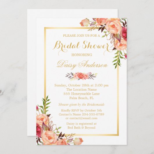 秋ブライダルシャワーオ素朴レンジフローラシック金ゴールド 招待状 (正面/裏面)
