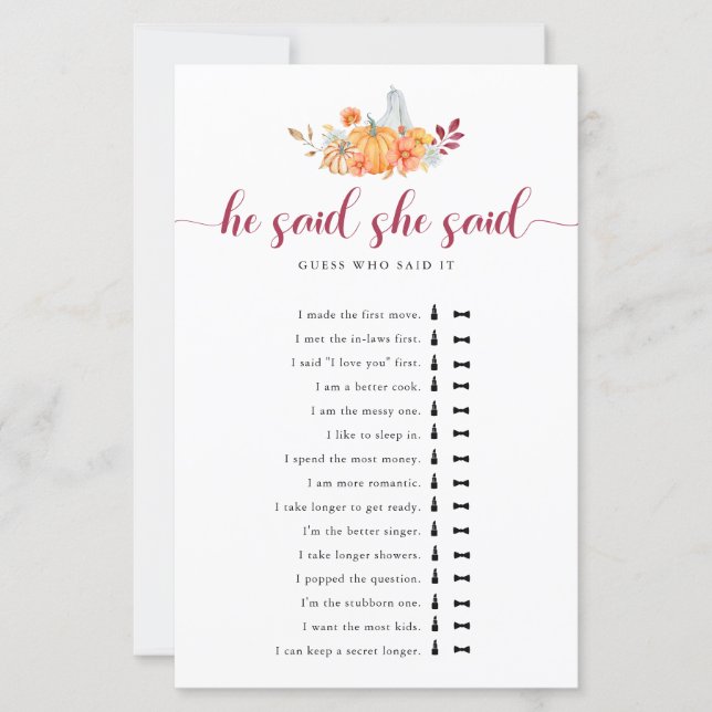 秋ブライダルシャワーカボチャ彼は彼女はゲームを言った (正面)