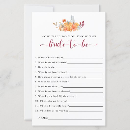 秋ブライダルシャワーゲームよくご存知の花嫁 (正面)