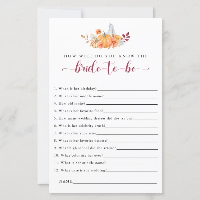 秋ブライダルシャワーゲームよくご存知の花嫁 (正面)