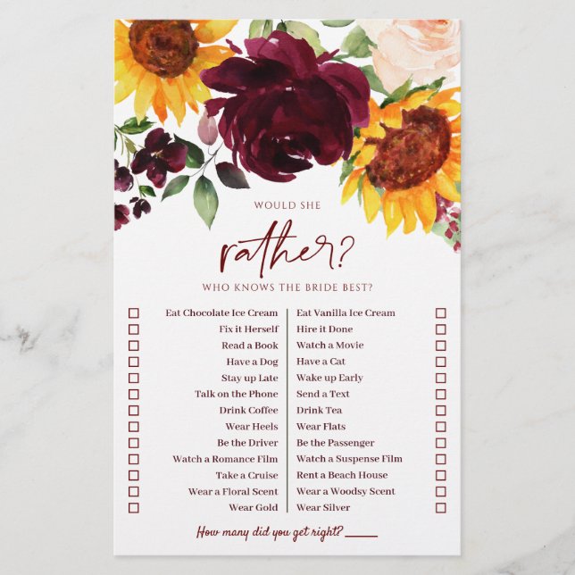 秋ブライダルシャワーゲーム花嫁ひまわり知り (正面)