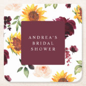 秋ブライダルシャワーサンフラワーズ&ブルゴーニュバラ スクエアペーパーコースター (正面)