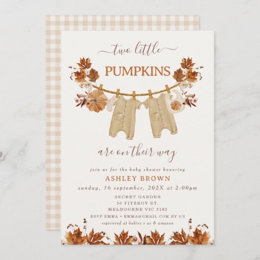 秋ブラウンツツインズ葉の物干し赤ちゃんシャワー 招待状 (正面/裏面)