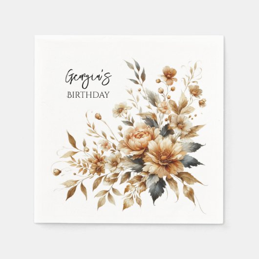 秋ブラウンフローラエレガントバースデーパーティー スタンダードカクテルナプキン (正面)