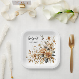 秋ブラウンフローラエレガントバースデーパーティー ペーパープレート