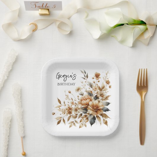 秋ブラウンフローラエレガントバースデーパーティー ペーパープレート (ウェディング)