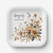 秋ブラウンフローラエレガントバースデーパーティー ペーパープレート (正面)
