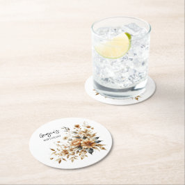 秋ブラウンフローラエレガントバースデーパーティー ラウンドペーパーコースター