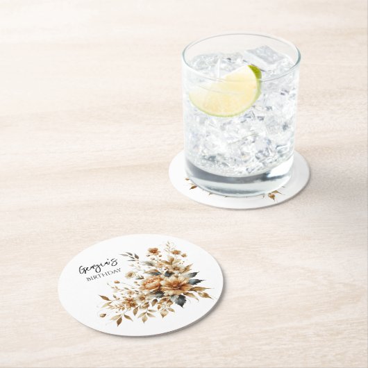 秋ブラウンフローラエレガントバースデーパーティー ラウンドペーパーコースター (インサイチュ)