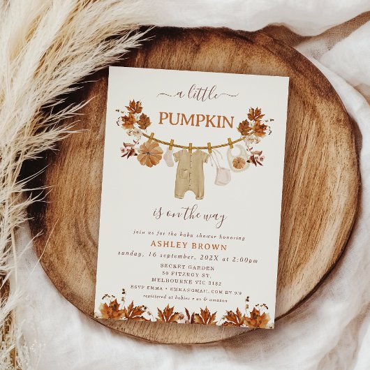 秋ブラウンベージュの葉の物干しの赤ちゃんシャワー 招待状