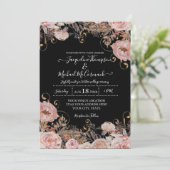 秋ブラック赤面ピンクウォーターカラーフローラバラ金ゴールド 招待状 (スタンド正面)