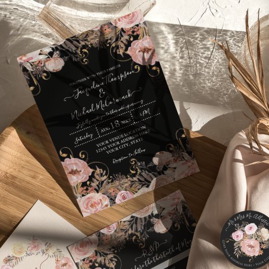 秋ブラック赤面ピンクウォーターカラーフローラバラ金ゴールド 招待状