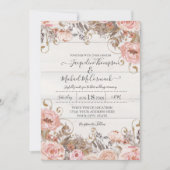 秋ブラック赤面ピンクウォーターカラーフローラバラ金ゴールド 招待状 (正面)