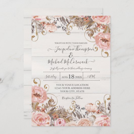 秋ブラック赤面ピンクウォーターカラーフローラバラ金ゴールド 招待状 (正面/裏面)