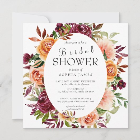 秋ブルガンディオレンジフローラブライダルシャワーインビタティ 招待状 (正面)