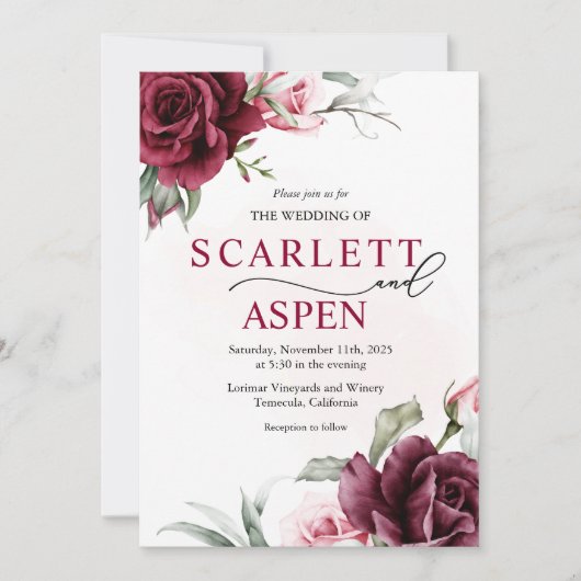 秋ブルガンディメルロフローラ結婚式招待状 招待状 (正面)