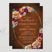 秋ブルガンディレッドオレンジ赤面フローラ 招待状 (正面/裏面)