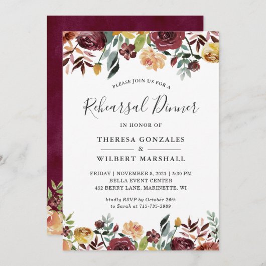 秋ブルガンディーピーチ金ゴールドフローラリハーサルディナー 招待状 (正面/裏面)