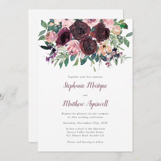 秋ブルガンディ埃っぽい赤面ピーチボタニッ結婚クス 招待状 (正面/裏面)