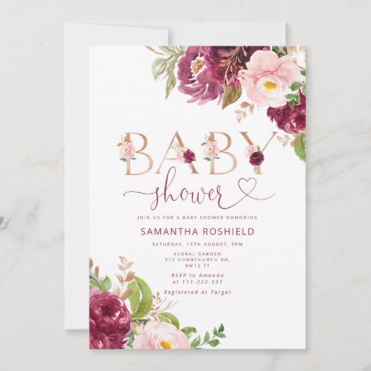 秋ブルゴーニュのフローラ女の子の赤ちゃんシャワー 招待状 (正面)