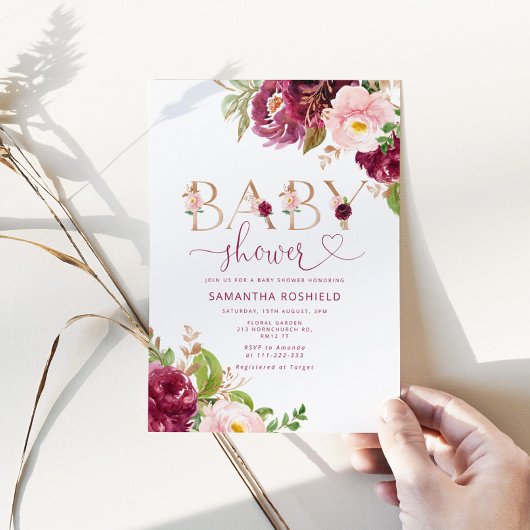 秋ブルゴーニュのフローラ女の子の赤ちゃんシャワー 招待状