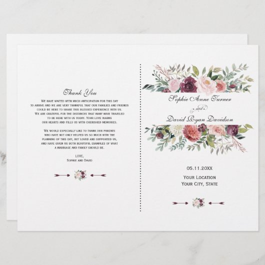 秋ブルゴーニュアイボリーフローラフレーム結婚式 プログラム (正面/裏面)