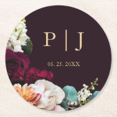 秋ブルゴーニュピンクフローラ金ゴールドモノグラム結婚ズ ラウンドペーパーコースター (正面)