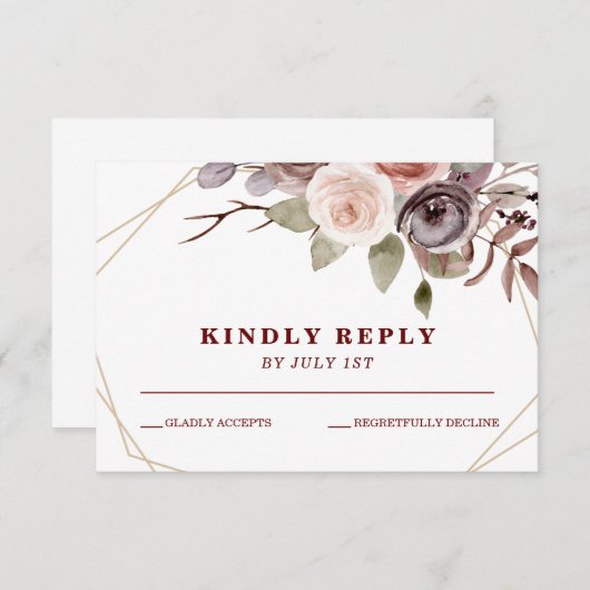 秋ブルゴーニュフローラ幾何学的フレーム結婚式RSVP 出欠カード (正面/裏面)