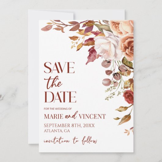 秋ブルゴーニュフローラ花結婚式の日付を保存 招待状 (正面)