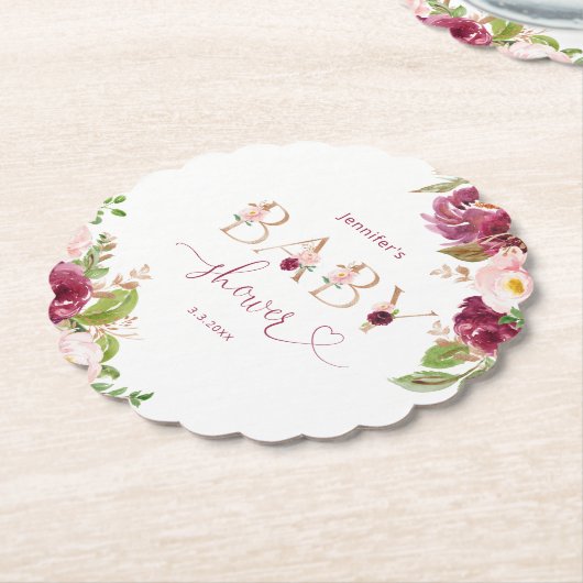 秋ブルゴーニュフローラ金ゴールドフォイル赤ちゃんシャワー ペーパーコースター (アングル)