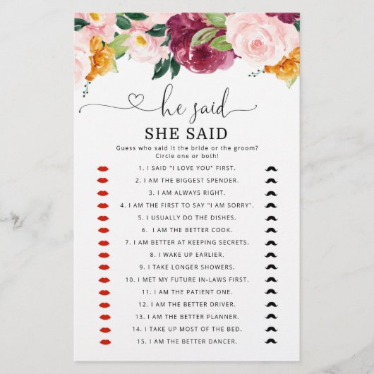 秋ブルゴーニュ彼は彼女はブライダルシャワーゲームと言った (正面)