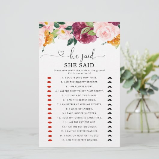 秋ブルゴーニュ彼は彼女はブライダルシャワーゲームと言った (スタンド正面)