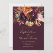 秋ブルゴーニュ桃金ゴールドピンクフローラ結婚ズ 招待状 (正面)