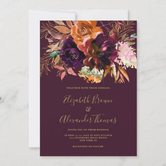 秋ブルゴーニュ桃金ゴールドピンクフローラ結婚ズ 招待状 (正面)