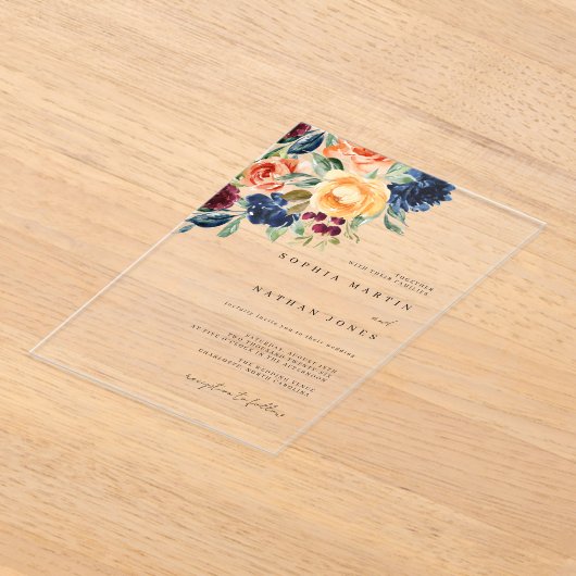 秋ブルゴーニュ水カラー花模様結婚ズ アクリル招待状 (レイダウン)